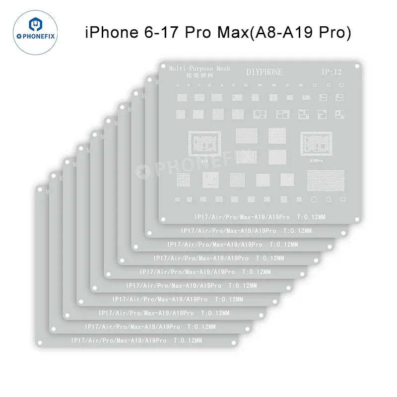 PHONEFIX Amaoe BGA Reballing Stencil with CPU positions for iPhone A8-A19 repair, featuring precise holes for reballing process.