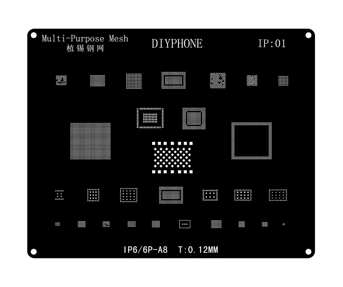 Black BGA reballing stencil template for iPhone 6-17 Pro Max by PHONEFIX, showing detailed metal design for reballing repair.