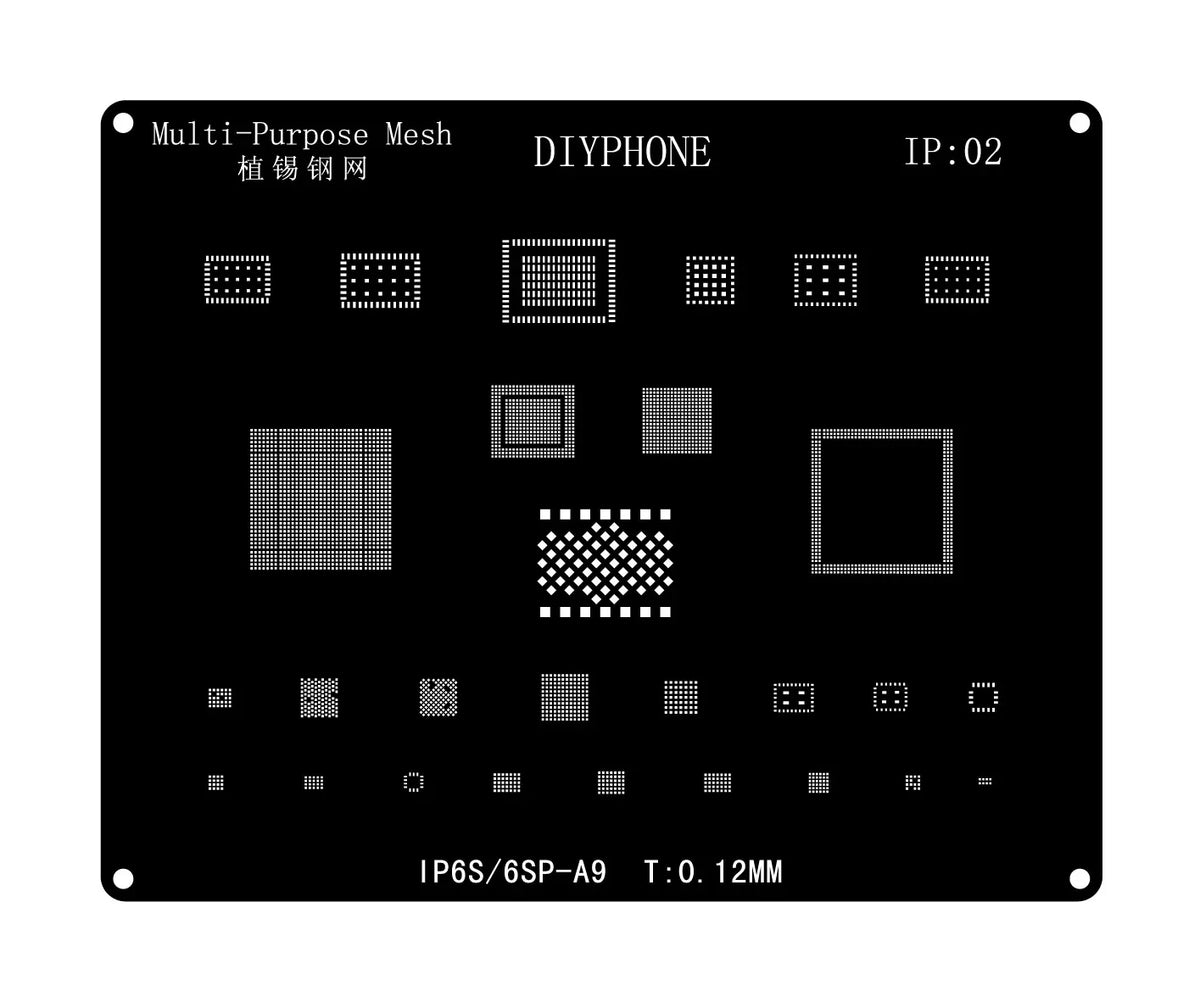 Black BGA reballing stencil template for iPhone 6 to 17 Pro Max, used for reballing and repair by PHONEFIX.