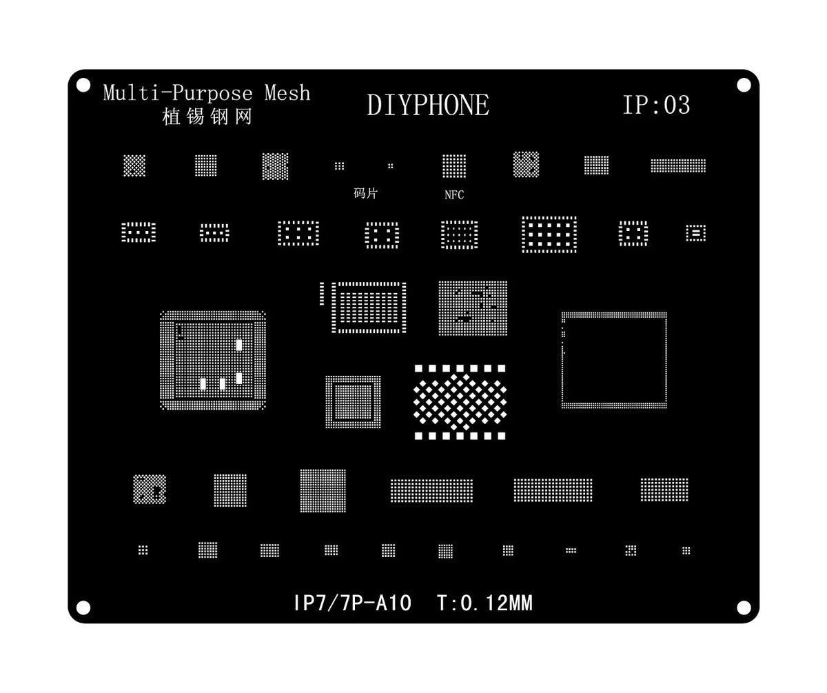 Black BGA reballing stencil template for iPhone 6 to 17 Pro Max by PHONEFIX, showing the detailed stencil design on the image.