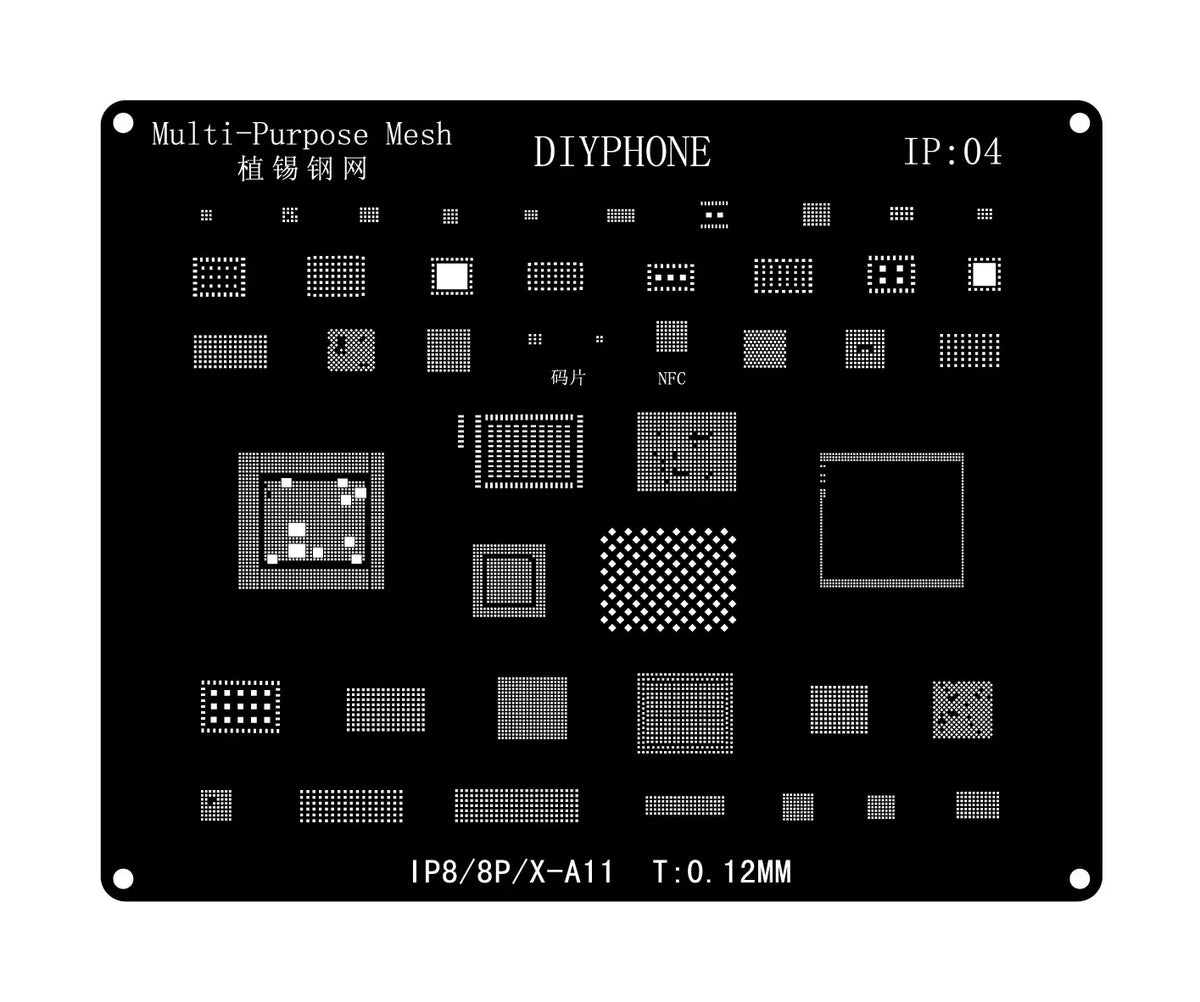 Black BGA reballing stencil template for iPhone 6 to 17 Pro Max by PHONEFIX, used for repairing and reballing iPhone circuit boards.