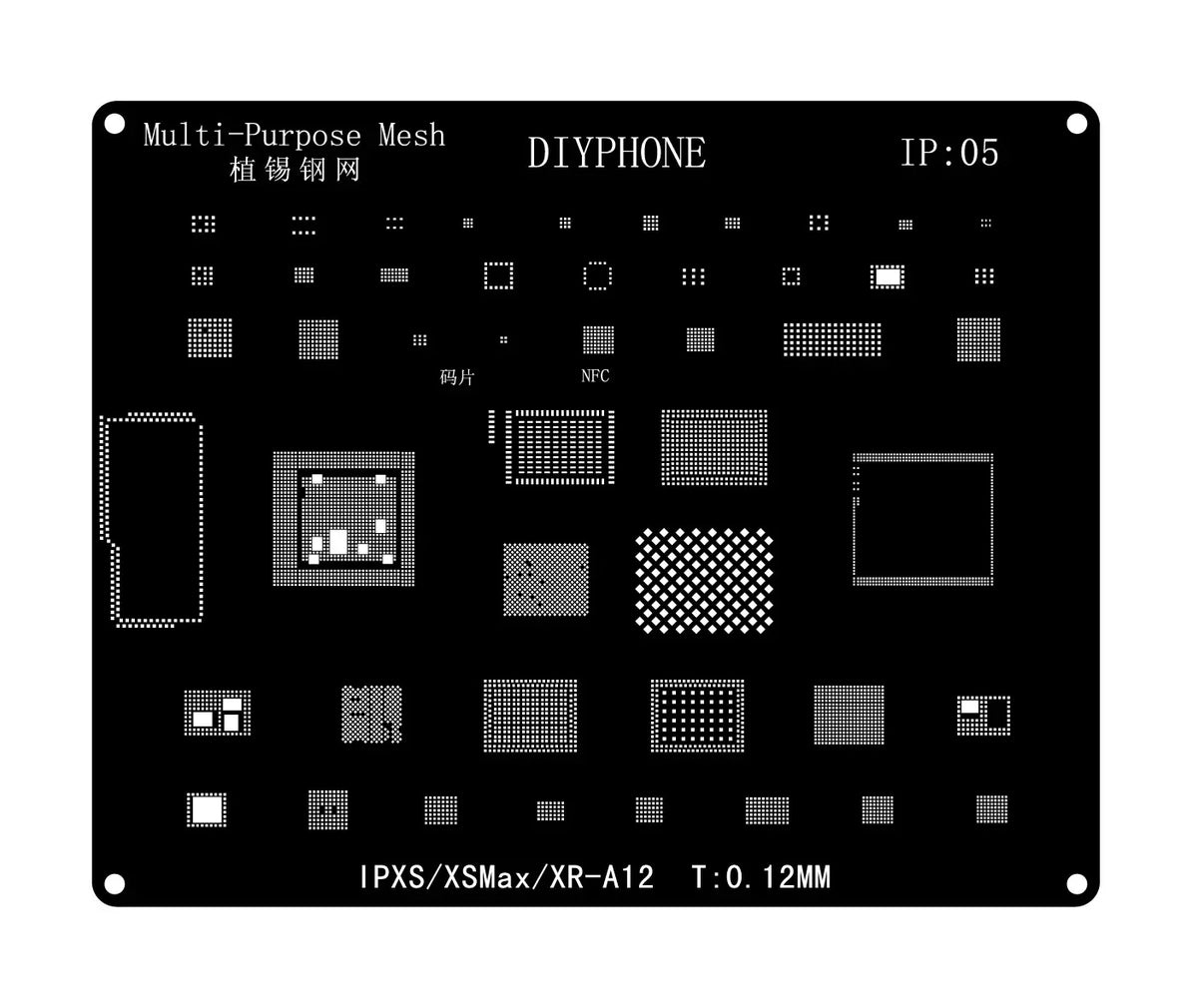 Black BGA reballing stencil template for iPhone 6 to 17 Pro Max by PHONEFIX, used for precise reballing of BGA chips.