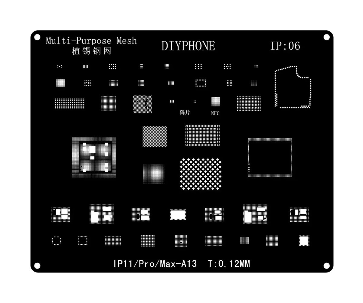 Black BGA reballing stencil template for iPhone 6 to 17 Pro Max by PHONEFIX, used for precise reballing of iPhone circuit boards.