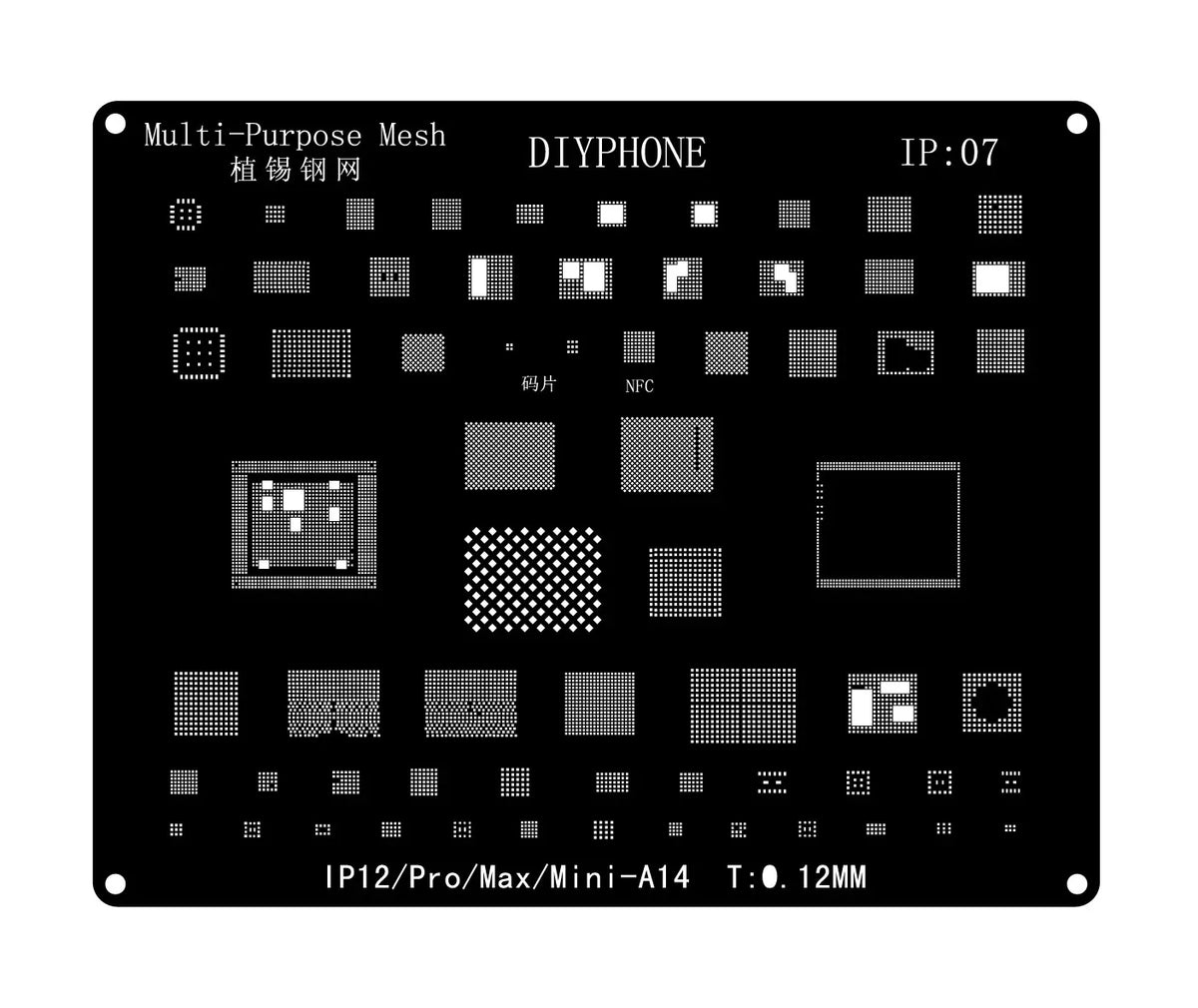 Black BGA reballing stencil template for iPhone 6-17 Pro Max by PHONEFIX, showing the detailed stencil pattern for reballing process.