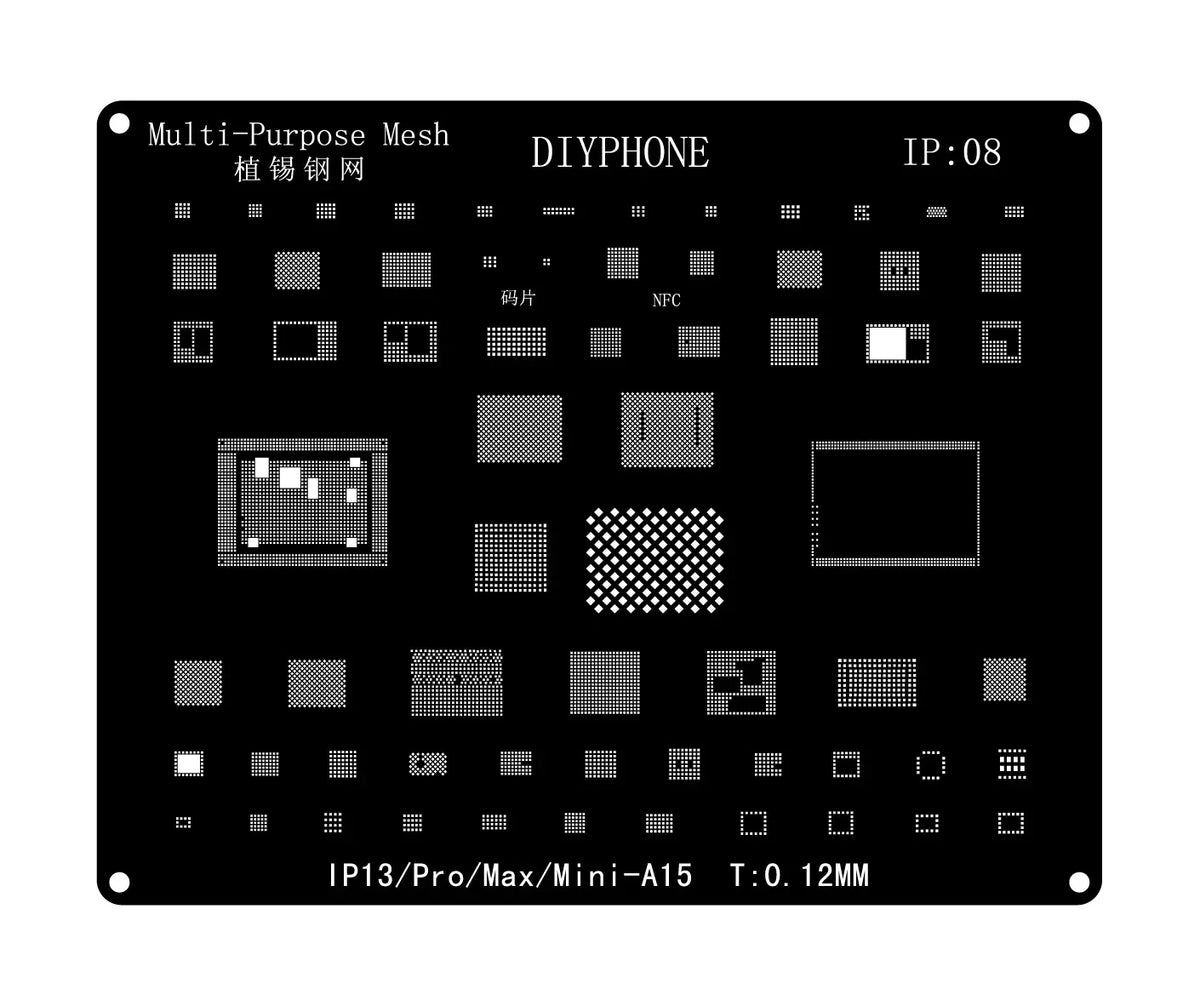 Black BGA reballing stencil for iPhone 6 to 17 Pro Max by PHONEFIX, showcasing the precise template for reballing repairs.