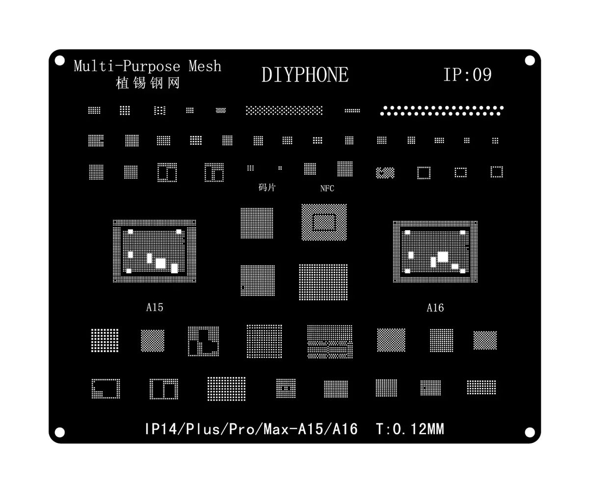 Black BGA reballing stencil template for iPhone 6 to 17 Pro Max by PHONEFIX, used for precise reballing repairs.