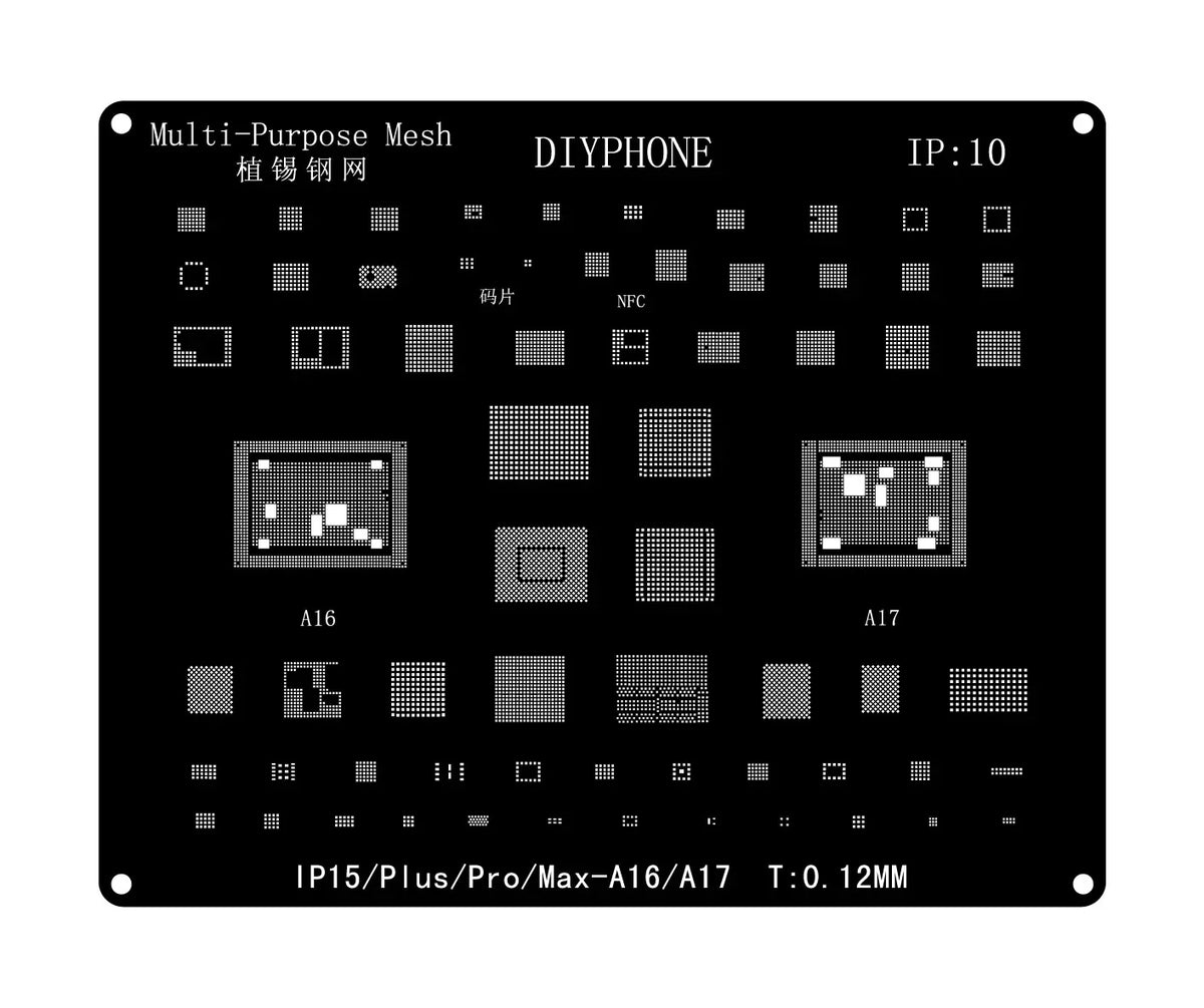 Black BGA reballing stencil template for iPhone 6 to 17 Pro Max by PHONEFIX, showing the precise stencil layout for reballing repair.