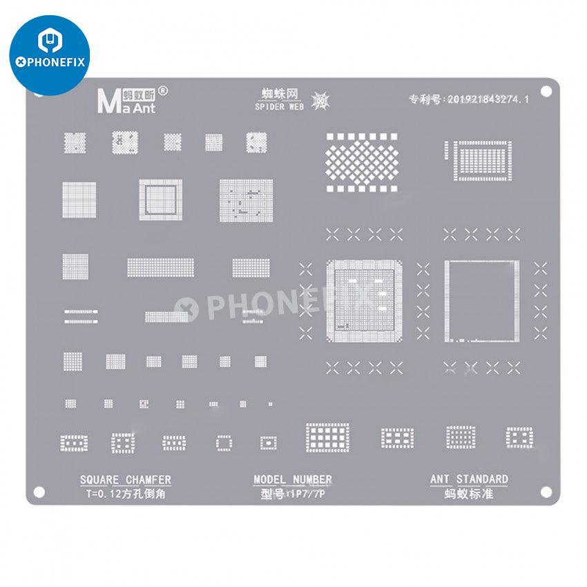 MaAnt 0.12mm square hole BGA reballing stencil for iPhone 6 to 16 Pro Max, used for precise reballing repairs.