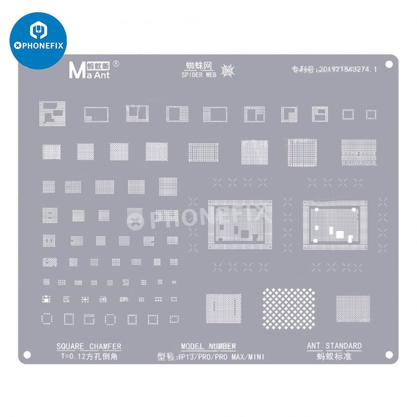 MaAnt 0.12mm square hole BGA reballing stencil for iPhone 6-16 Pro Max repair, used for precise BGA reballing process.