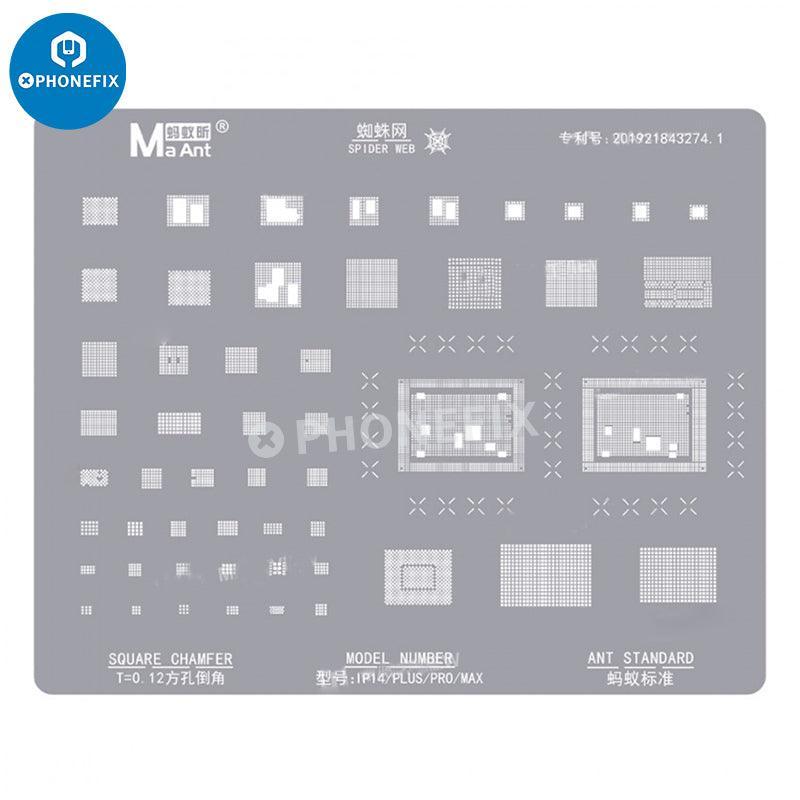 MaAnt 0.12mm square hole BGA reballing stencil for iPhone 6 to 16 Pro Max repair by PHONEFIX, showing the stencil with square holes.