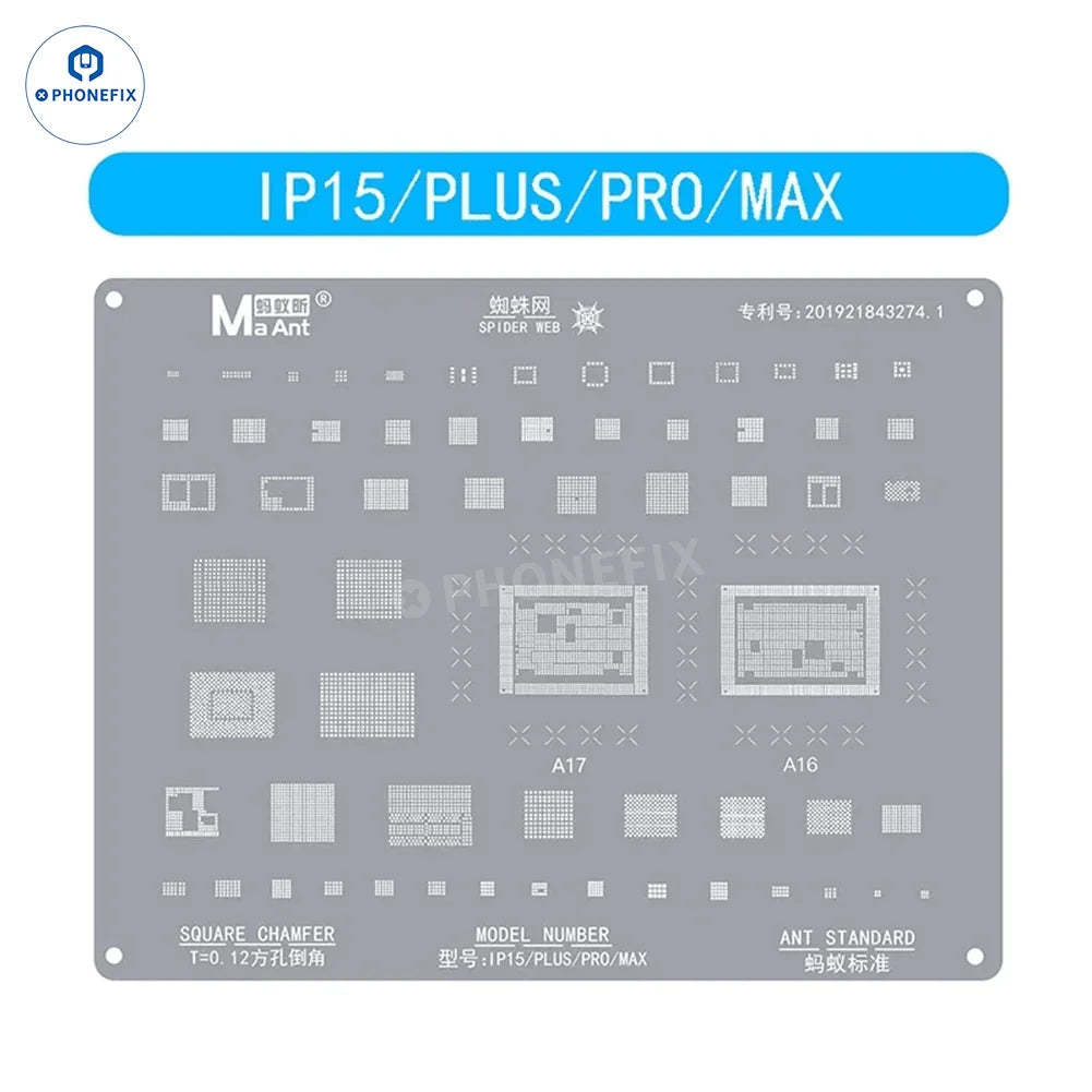 PHONEFIX MaAnt 0.12mm square hole BGA reballing stencil for iPhone models 6 to 16 Pro Max, showing detailed stencil pattern.