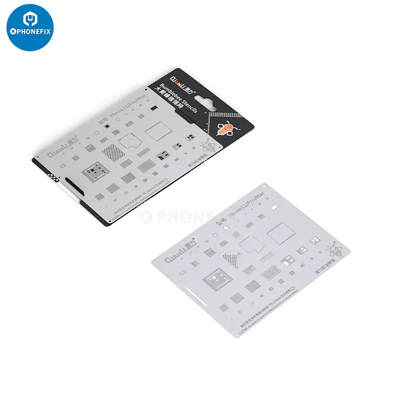 Phonefix Bumblebee BGA Reballing Stencil for iPhone 6 to 15 Pro Max, used for precise BGA reballing and repair.