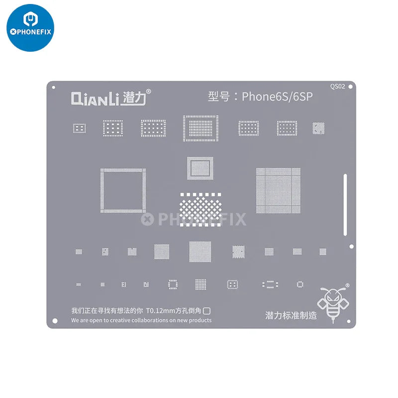 PHONEFIX QianLi Bumblebee BGA Reballing Stencil for iPhone 6 to 15 Pro Max, precise reballing template for PCB repair.
