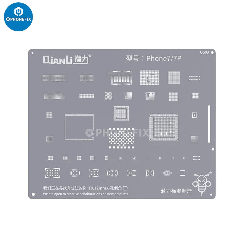 PhoneFix Bumblebee BGA Reballing Stencil for iPhone 6 to 15 Pro Max, precision tool for reballing iPhone circuit boards.