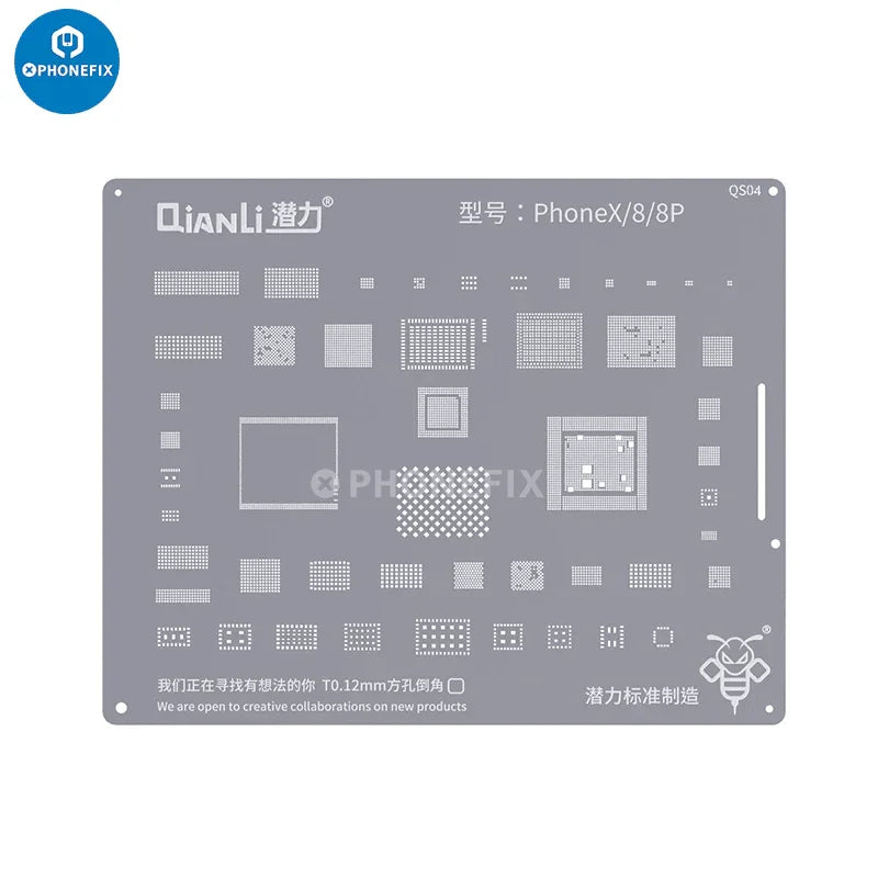 PHONEFIX QianLi Bumblebee BGA Reballing Stencil for iPhone 6 to 15 Pro Max, precise reballing tool for mobile repair.