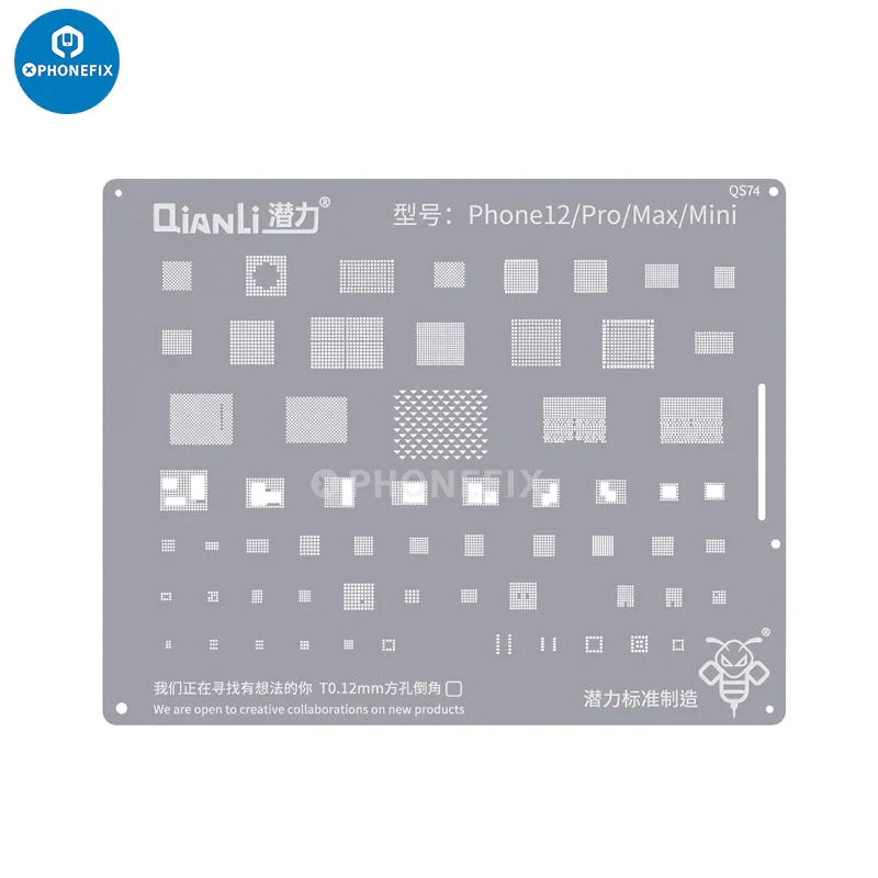 PhoneFix Bumblebee BGA Reballing Stencil for iPhone 6 to 15 Pro Max, used for precise circuit reballing repair.