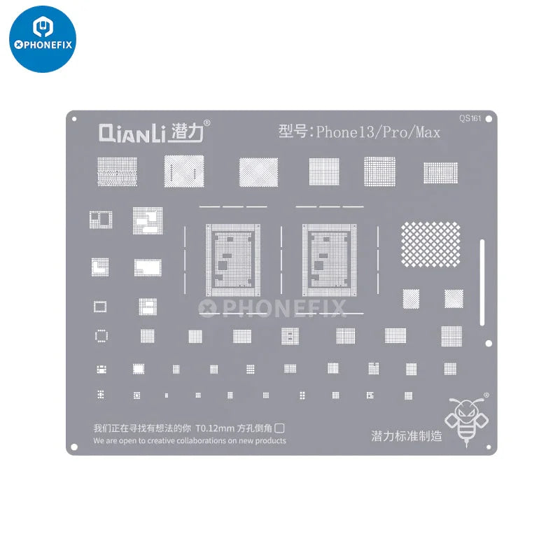 PhoneFix Bumblebee BGA Reballing Stencil for iPhone 6 to 15 Pro Max, used for precise BGA reballing repairs.