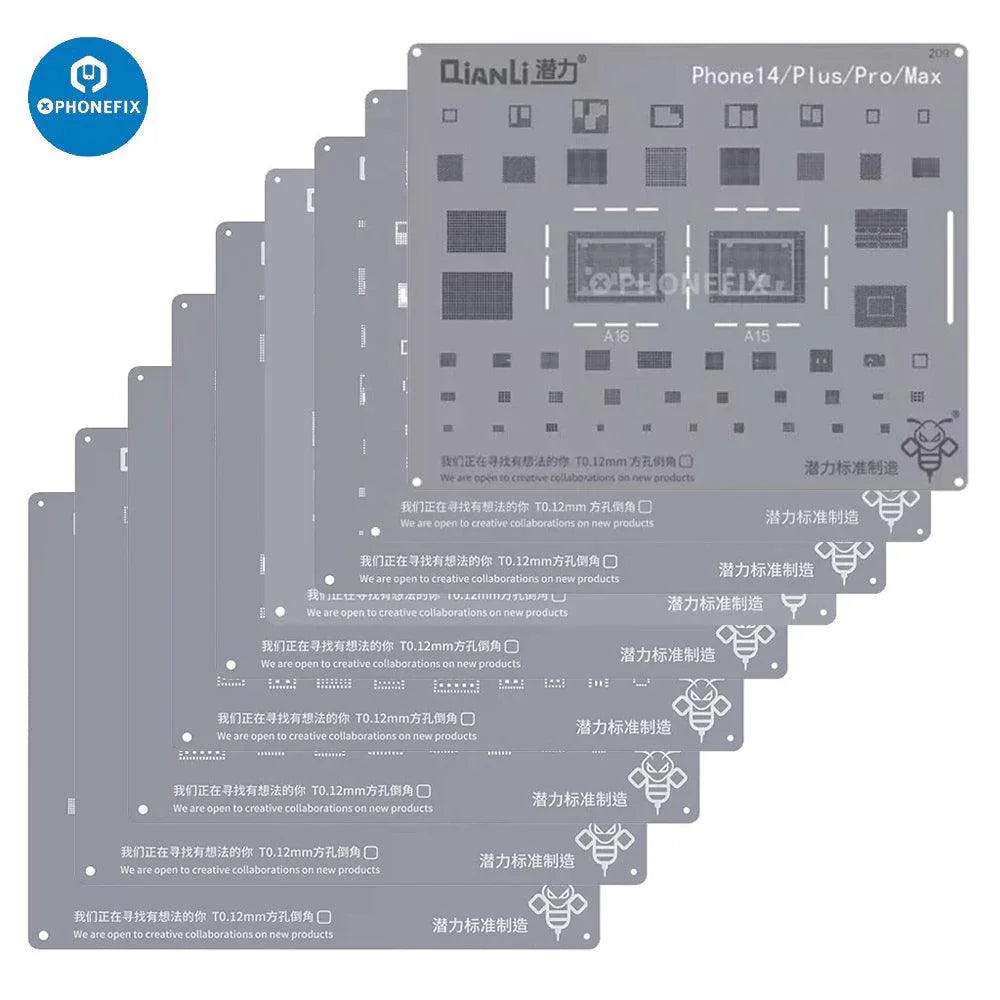 Phonefix QianLi Bumblebee BGA Reballing Stencil for iPhone 6 to 15 Pro Max, precise reballing repair tool for mobile devices.