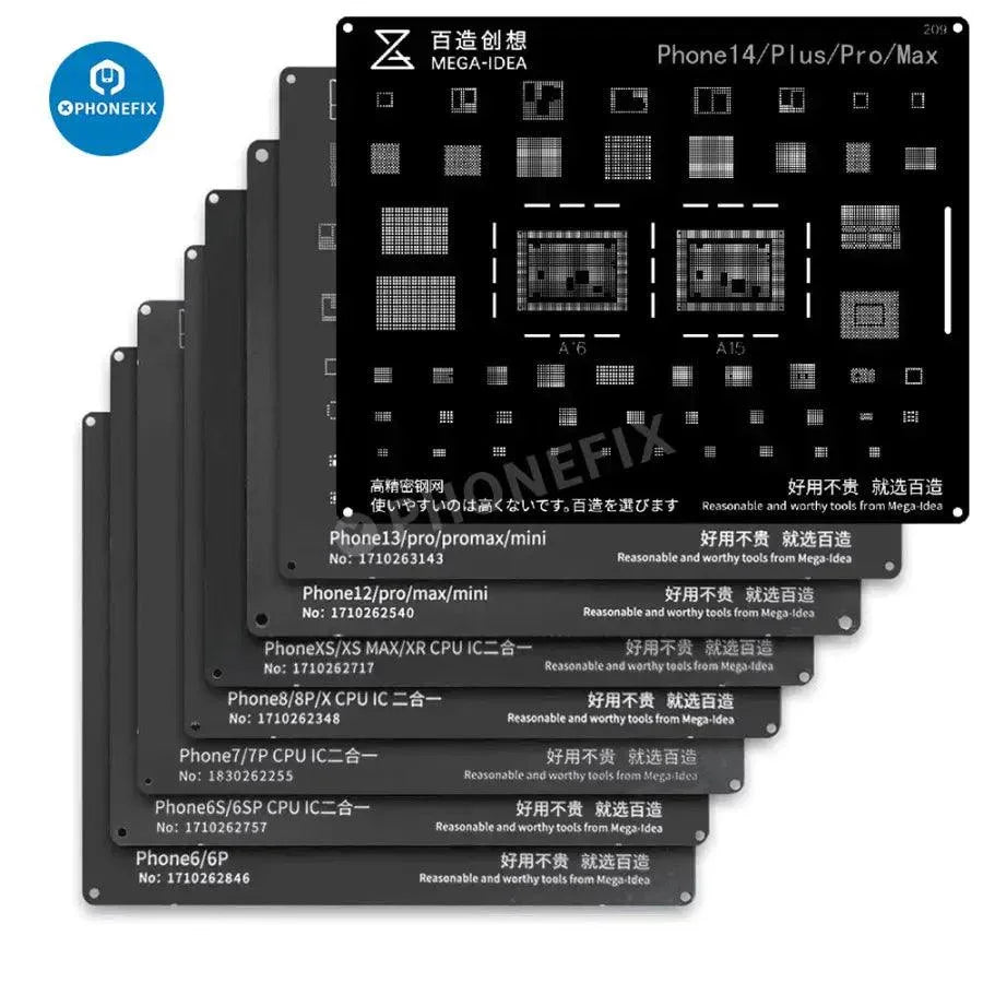 QianLi Black Steel BGA Reballing Stencil Kit for iPhone 6 to 17 Pro Max, used for precise reballing of BGA components.