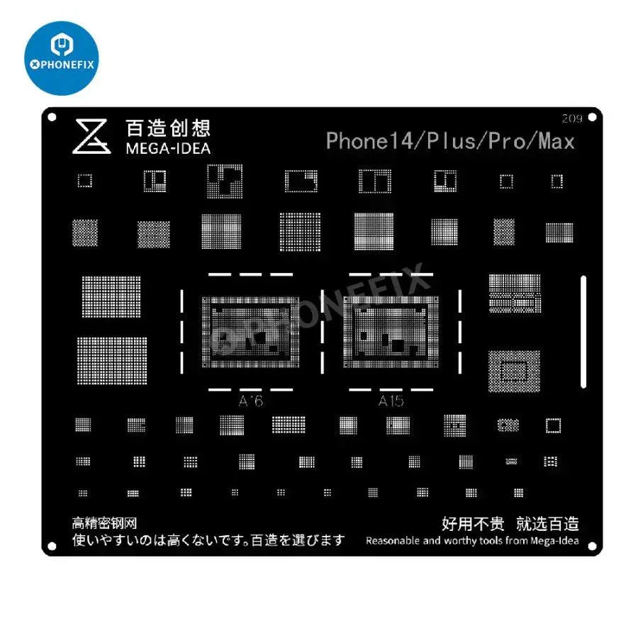 QianLi Black Steel BGA Reballing Stencil Kit for iPhone 6 to 17 Pro Max, showing precision metal stencil and tools for reballing repairs.