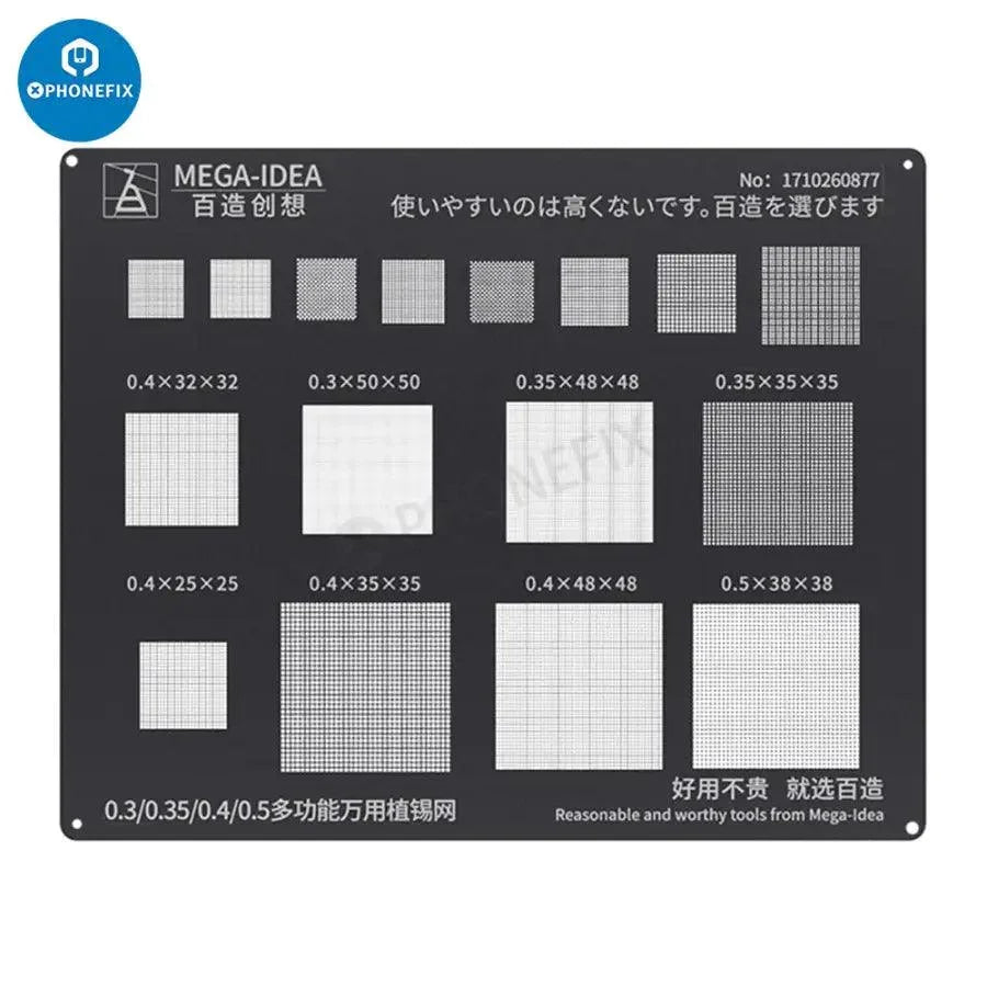 QianLi Black Steel BGA Reballing Stencil Kit for iPhone 6 to 17 Pro Max, used for precise reballing repair of mobile devices.