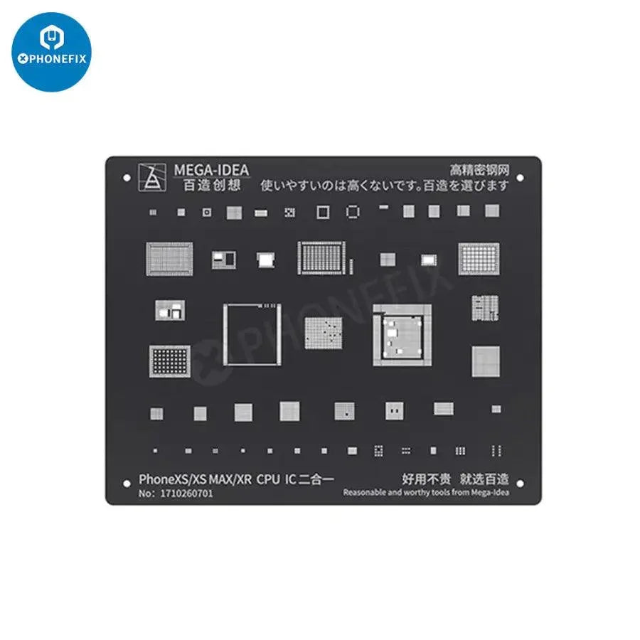 QianLi Black Steel BGA Reballing Stencil Kit for iPhone 6 to 17 Pro Max, with detailed stencil patterns for precise reballing.