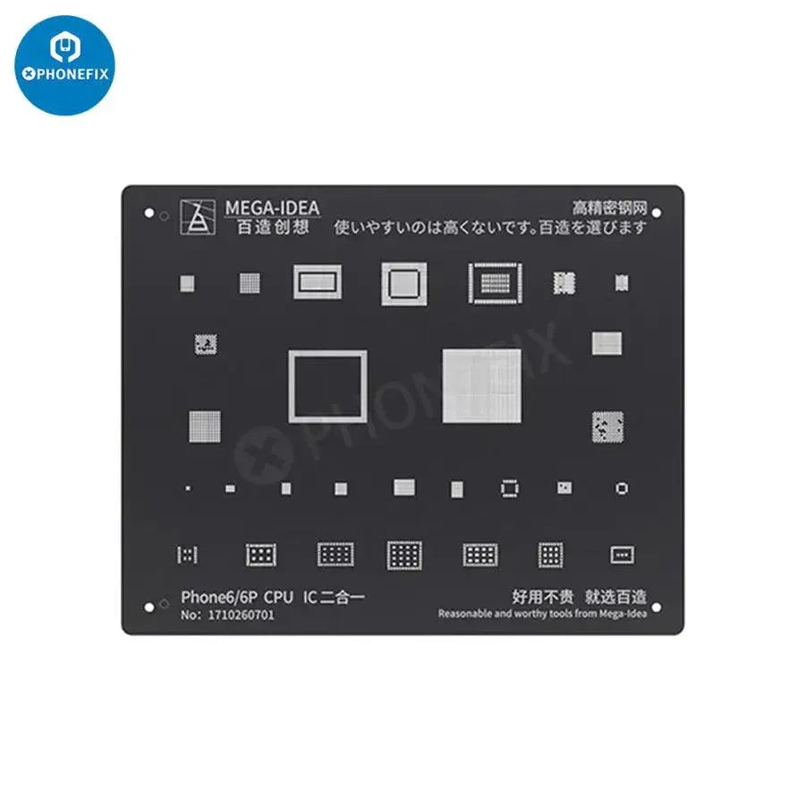 QianLi Black Steel BGA Reballing Stencil Kit for iPhone 6 to 17 Pro Max by PHONEFIX, showing the precision metal stencil for reballing.