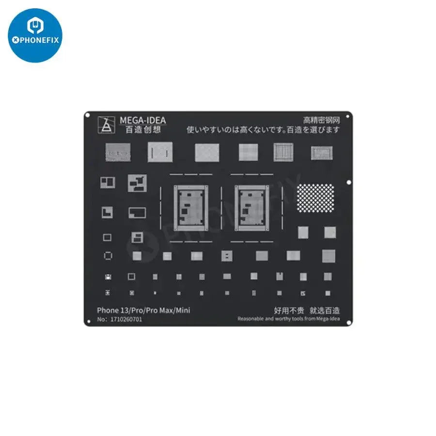 QianLi Black Steel BGA Reballing Stencil Kit for iPhone 6 to 17 Pro Max by PHONEFIX, showing precision metal stencil for reballing process.