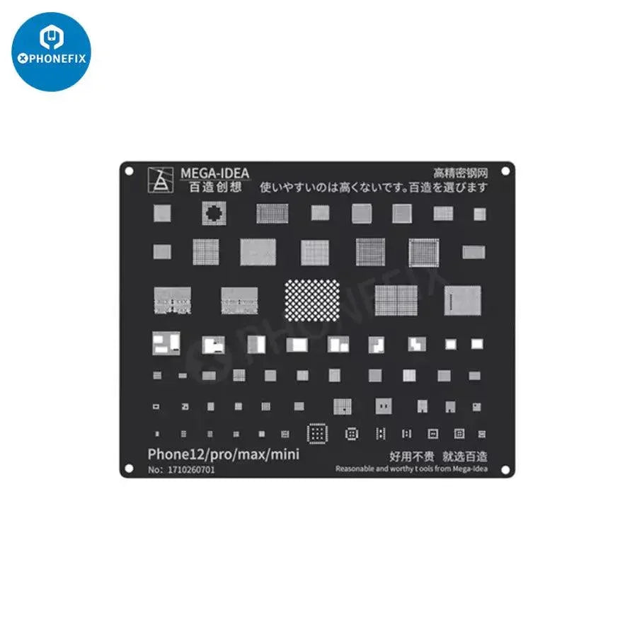 QianLi Black Steel BGA Reballing Stencil Kit for iPhone 6 to 17 Pro Max, used for precise BGA reballing repair.