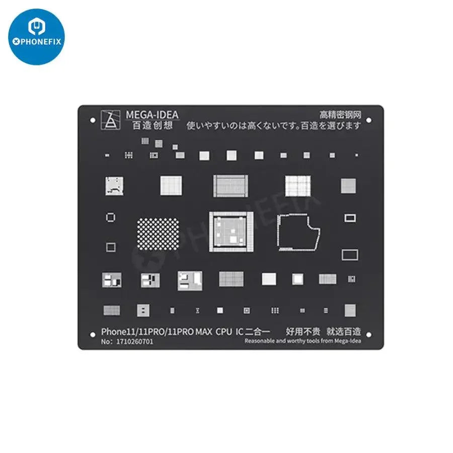 QianLi Black Steel BGA Reballing Stencil Kit for iPhone 6 to 17 Pro Max, used for precise circuit board reballing repair.