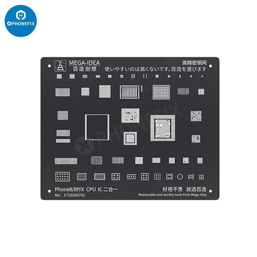 QianLi Black Steel BGA Reballing Stencil Kit for iPhone 6 to 17 Pro Max, including precision stencil and tools for reballing repairs.