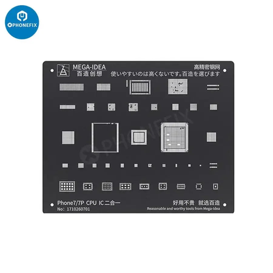 QianLi Black Steel BGA Reballing Stencil Kit for iPhone 6 to 17 Pro Max by PHONEFIX, showing the stencil and tools for reballing repair.