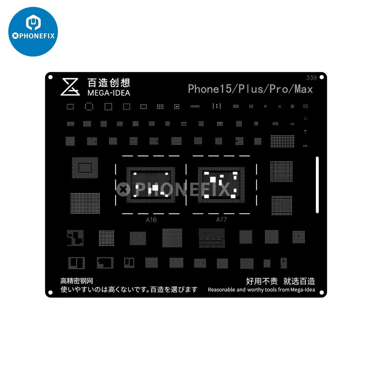 QianLi Black Steel BGA Reballing Stencil Kit for iPhone 6 to 17 Pro Max by PHONEFIX, showing the stencil laid out on a workspace.