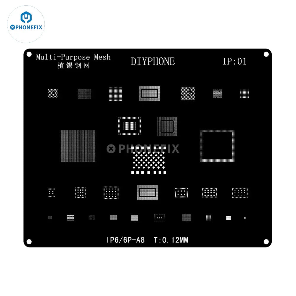 Black steel BGA reballing stencil kit for iPhone 6 to 17 Pro Max by PHONEFIX, with detailed holes for precise reballing processes