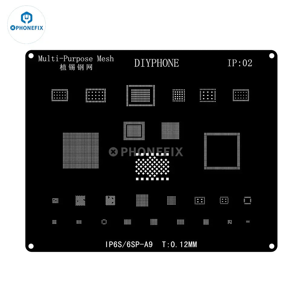 QianLi Black Steel BGA Reballing Stencil Kit for iPhone 6 to 17 Pro Max by PHONEFIX, showing detailed stencil with precision holes.