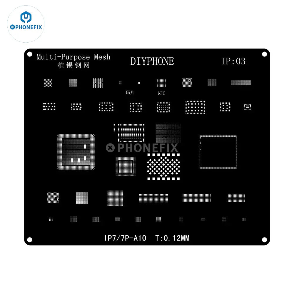 QianLi Black Steel BGA Reballing Stencil Kit for iPhone 6 to 17 Pro Max by PHONEFIX, showing precision stencil with detailed holes.