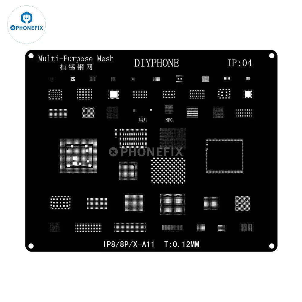 QianLi Black Steel BGA Reballing Stencil Kit for iPhone 6 to 17 Pro Max, used for precise reballing of BGA chips.