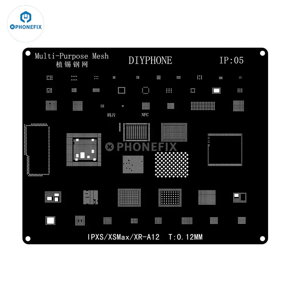 QianLi Black Steel BGA Reballing Stencil Kit for iPhone 6 to 17 Pro Max, showing the stencil layout and branding details