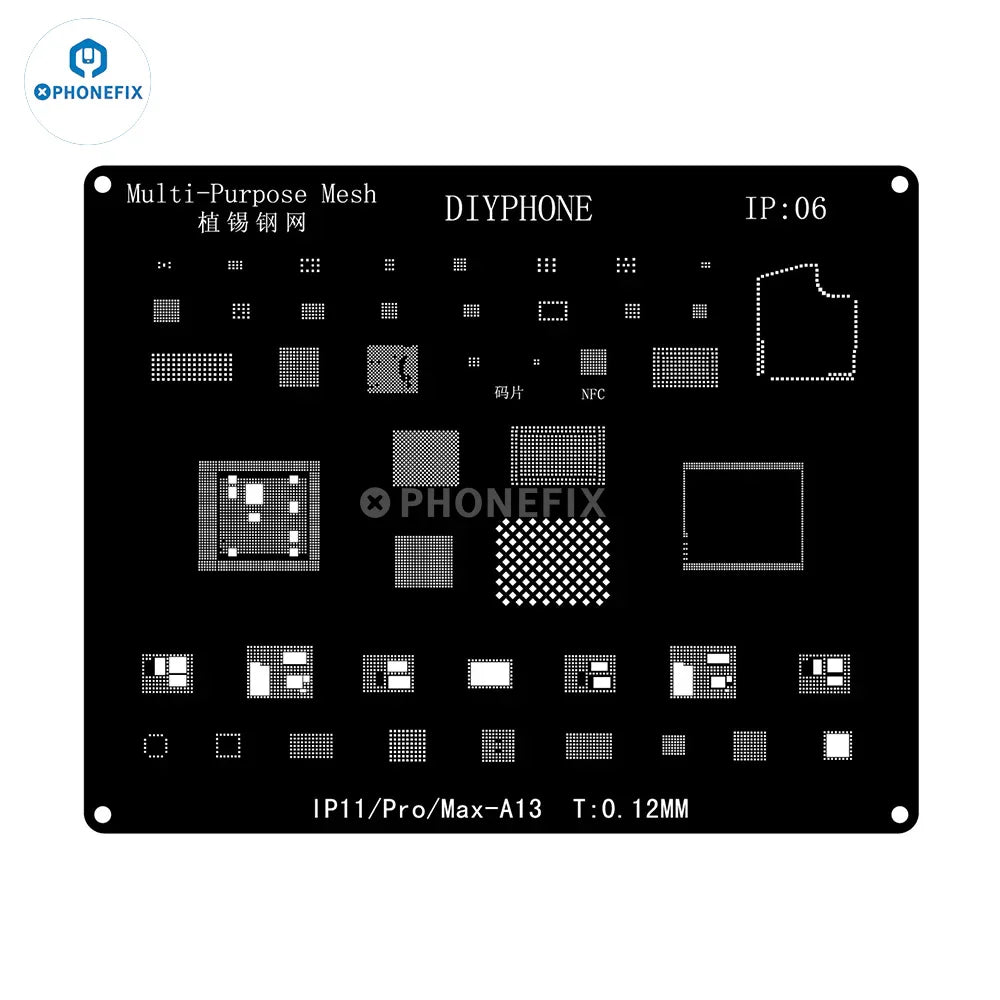 QianLi Black Steel BGA Reballing Stencil Kit for iPhone 6 to 17 Pro Max by PHONEFIX, showing the stencil and tools in the kit.