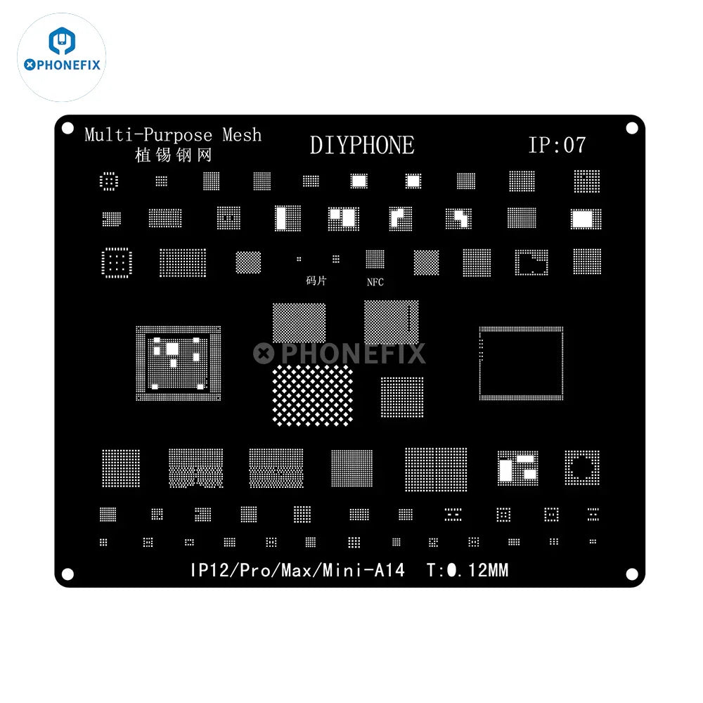 PHONEFIX black steel BGA reballing stencil kit for iPhone 6 to 17 Pro Max, showing detailed stencil with precise cutouts.