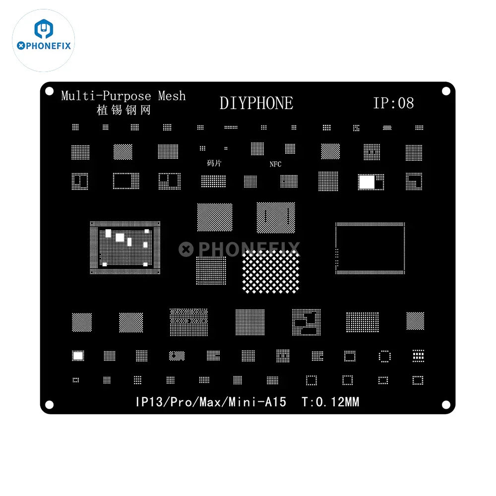 QianLi Black Steel BGA Reballing Stencil Kit for iPhone 6 to 17 Pro Max by PHONEFIX, showing detailed metal stencil for reballing.