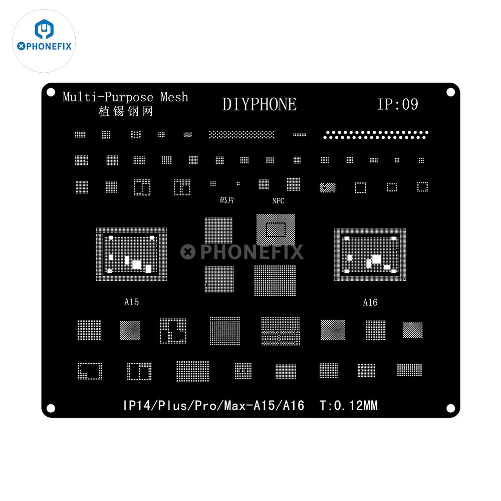 QianLi Black Steel BGA Reballing Stencil Kit for iPhone 6 to 17 Pro Max by PHONEFIX, showing precise stencil with detailed holes.