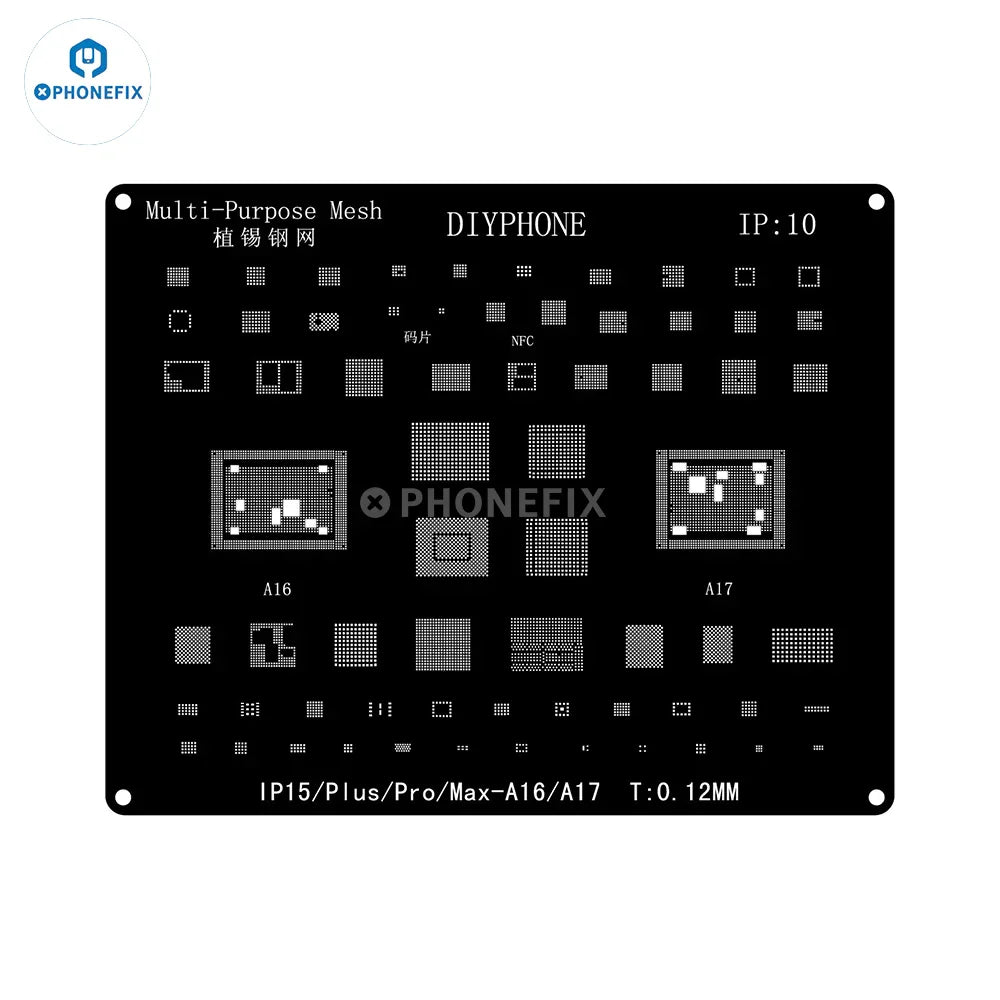 QianLi Black Steel BGA Reballing Stencil Kit for iPhone 6 to 17 Pro Max by PHONEFIX, showing the stencil and tools for reballing.