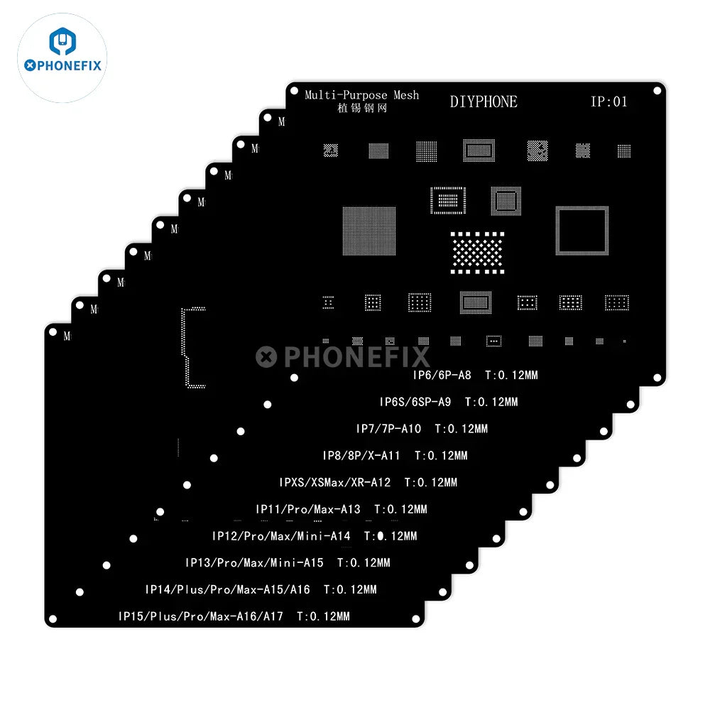 QianLi Black Steel BGA Reballing Stencil Kit for iPhone 6 to 17 Pro Max, used for precise reballing repair work.