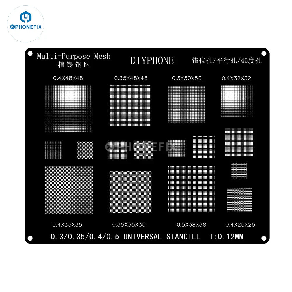 QianLi Black Steel BGA Reballing Stencil Kit for iPhone 6 to 17 Pro Max by PHONEFIX, showing the precision stencil for reballing.
