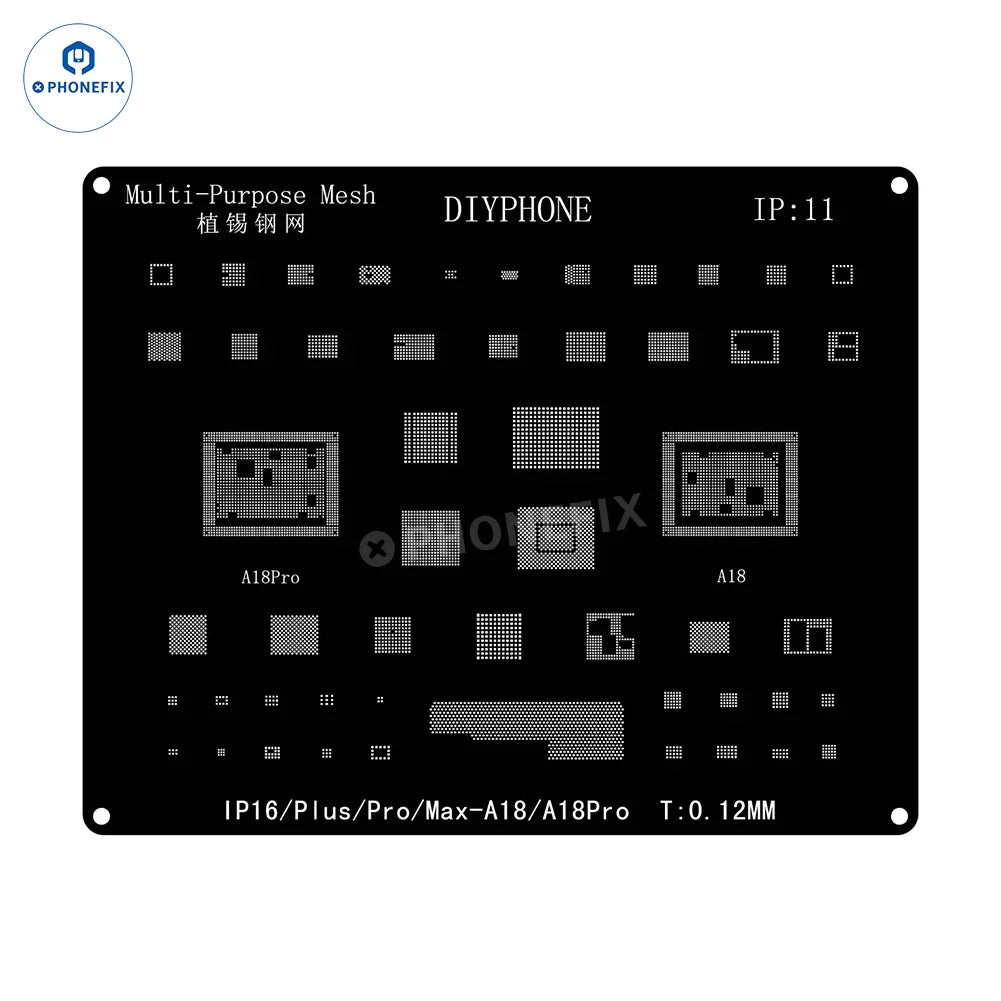 QianLi Black Steel BGA reballing stencil kit for iPhone 6 to 17 Pro Max, used for precise reballing repair work.