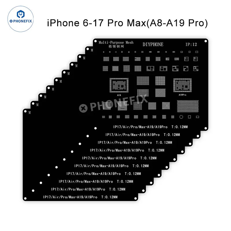 QianLi Black Steel BGA Reballing Stencil Kit for iPhone 6 to 17 Pro Max by PHONEFIX, showing the stencil and tools for reballing repair.