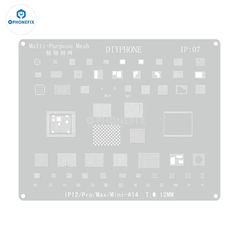 Silver BGA reballing stencil template for iPhone 6 to 17 Pro Max by PHONEFIX, showing detailed metal pattern and precision design