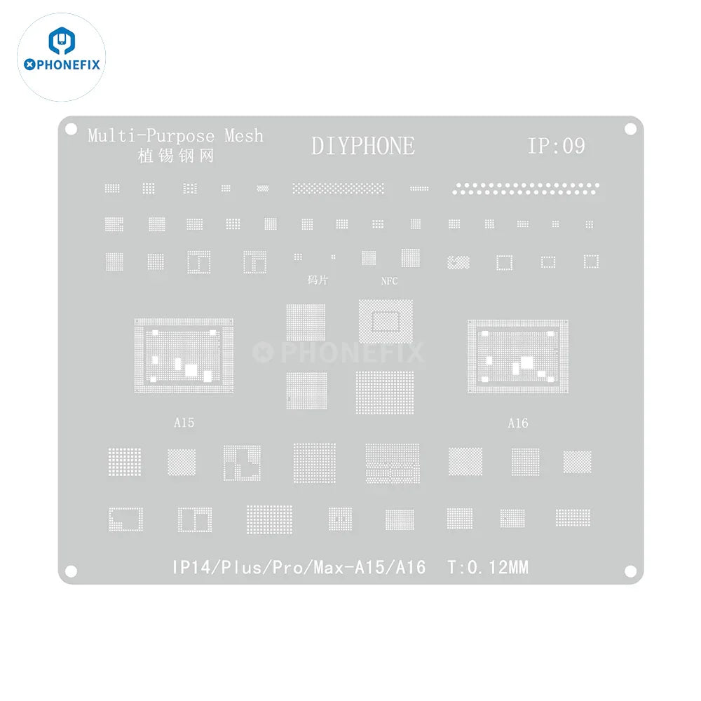 Silver BGA reballing stencil template for iPhone 6 to 17 Pro Max by PHONEFIX, showing precise holes for reballing process.