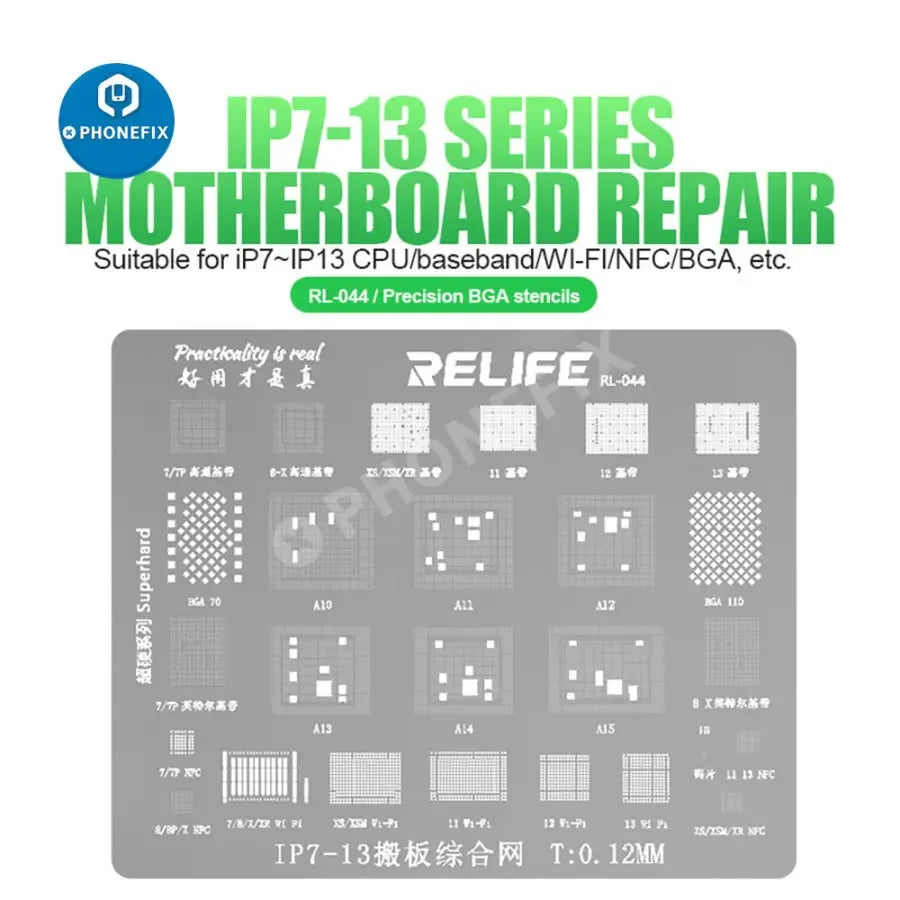 RELIFE RL-044 BGA Reballing Stencil for iPhone 7-13 Pro Max, used for precise reballing repairs on mobile devices.